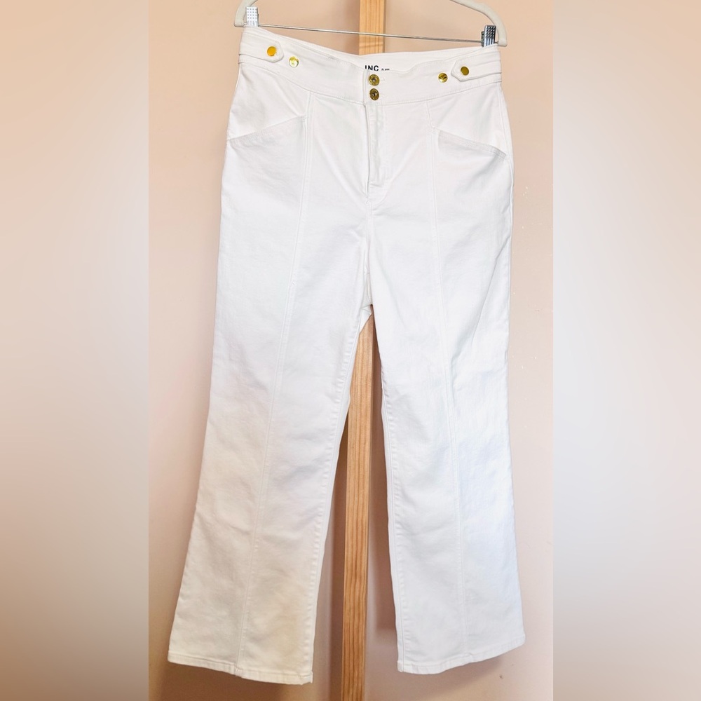INC International Concepts Women's Flare Stretch White Jeans w/ Gold Accents 12